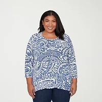 Alfred Dunner Classics Womens Plus Crew Neck 3/4 Sleeve T-Shirt