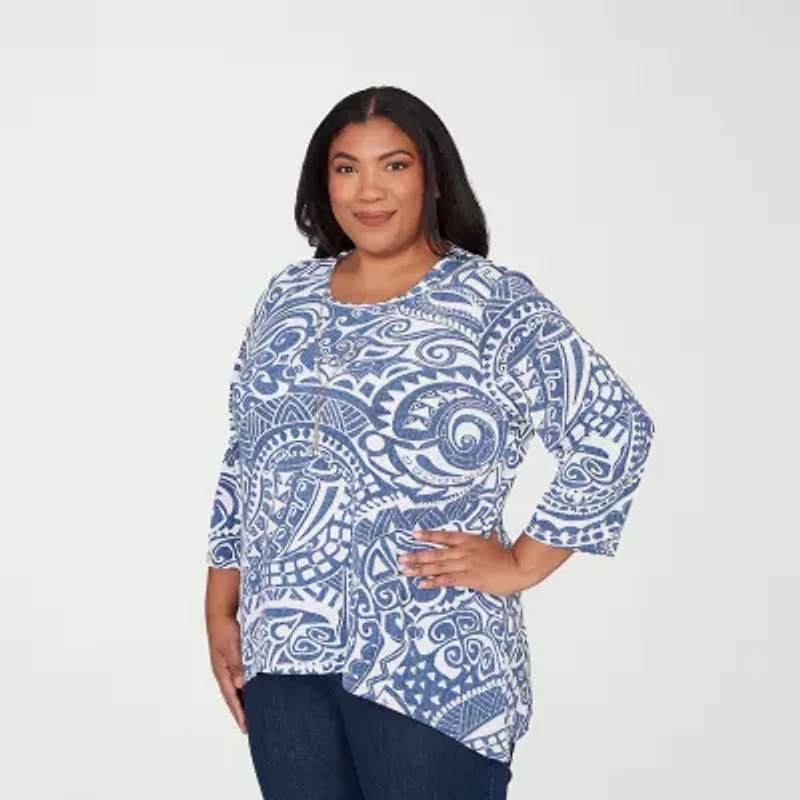 Alfred Dunner Classics Womens Plus Crew Neck 3/4 Sleeve T-Shirt