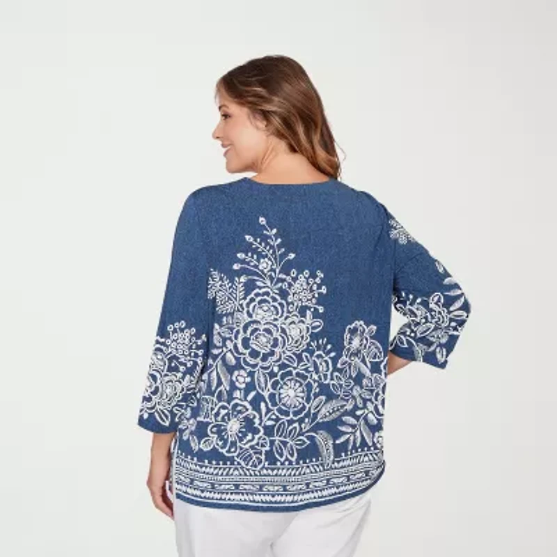Alfred Dunner Classics Womens Plus Crew Neck 3/4 Sleeve T-Shirt