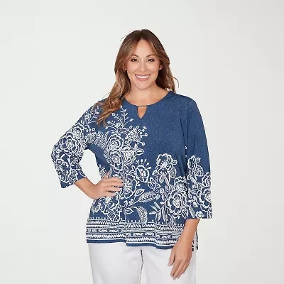 Alfred Dunner Classics Womens Plus Crew Neck 3/4 Sleeve T-Shirt