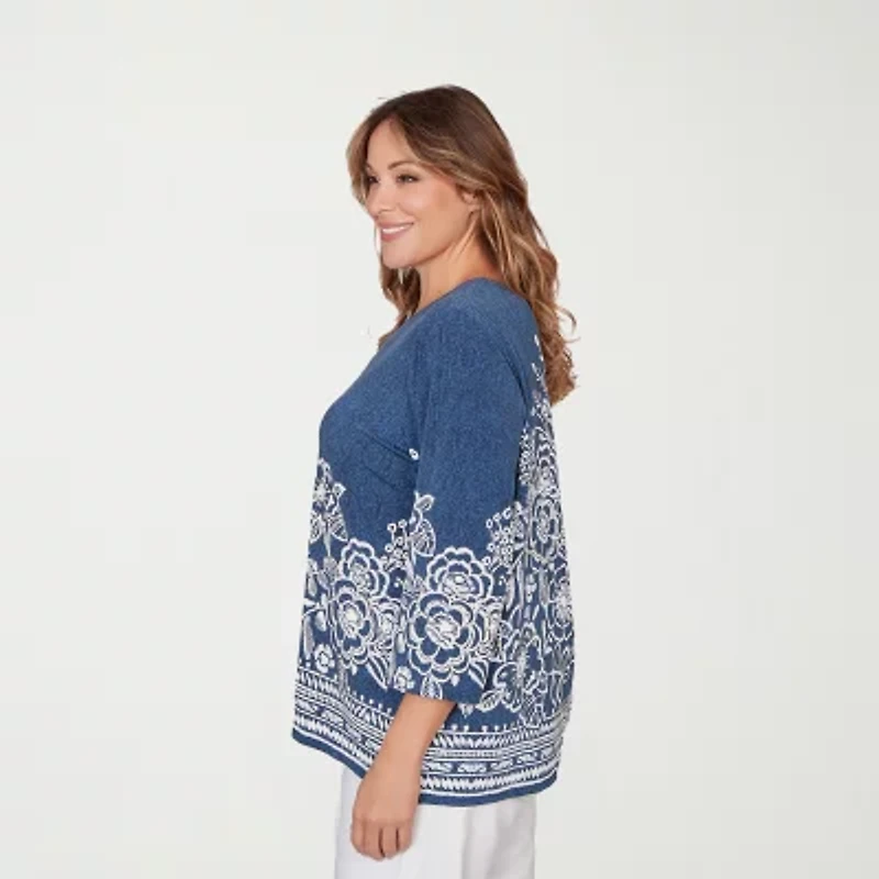 Alfred Dunner Classics Womens Plus Crew Neck 3/4 Sleeve T-Shirt