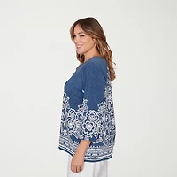 Alfred Dunner Classics Womens Plus Crew Neck 3/4 Sleeve T-Shirt
