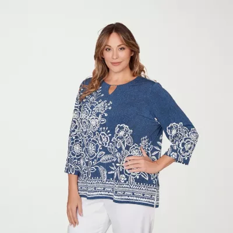 Alfred Dunner Classics Womens Plus Crew Neck 3/4 Sleeve T-Shirt