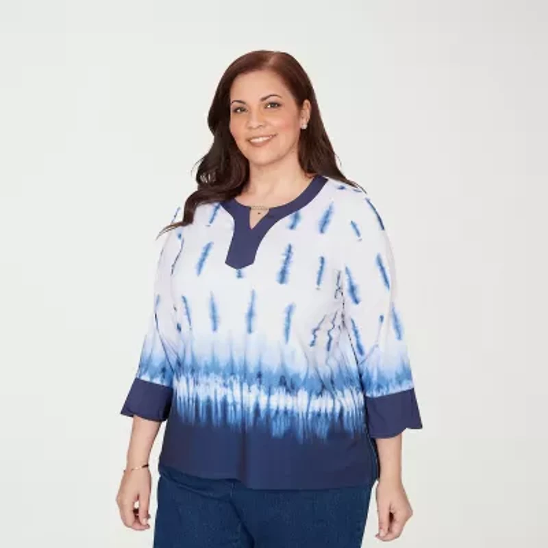 Alfred Dunner Classics Womens Plus Split Crew Neck 3/4 Sleeve T-Shirt