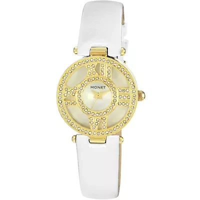 Monet® Womens Crystal Accent White Leather Strap Watch