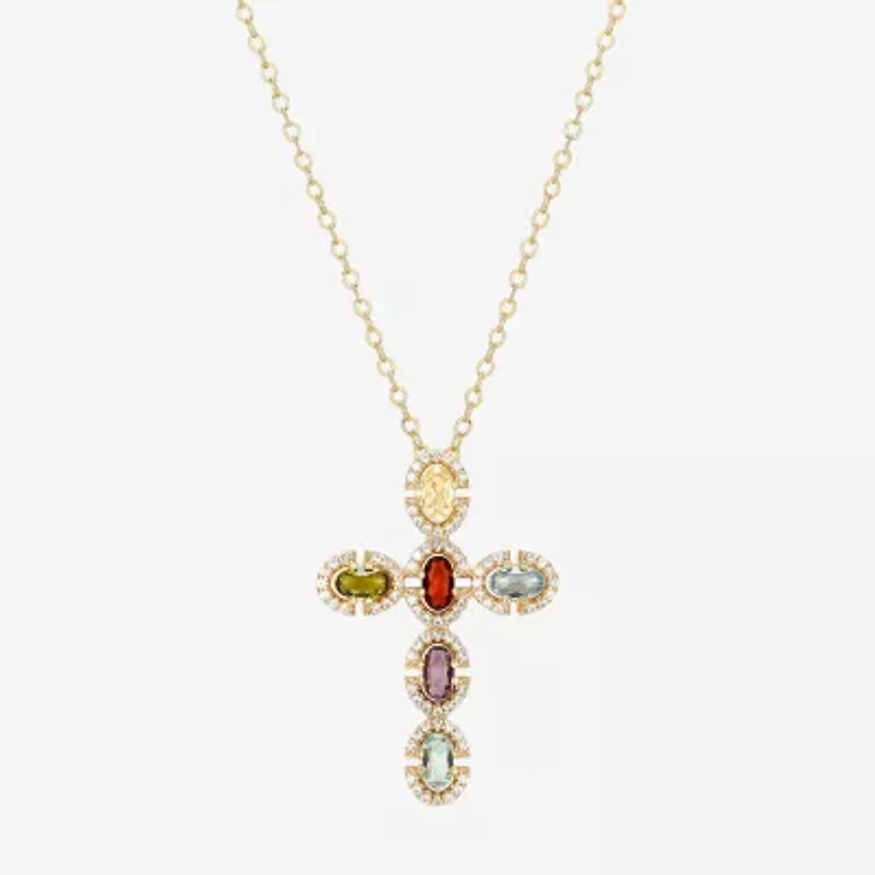 Womens Genuine Multi Color 18K Gold Over Silver Cross 18 Inch Pendant Necklace