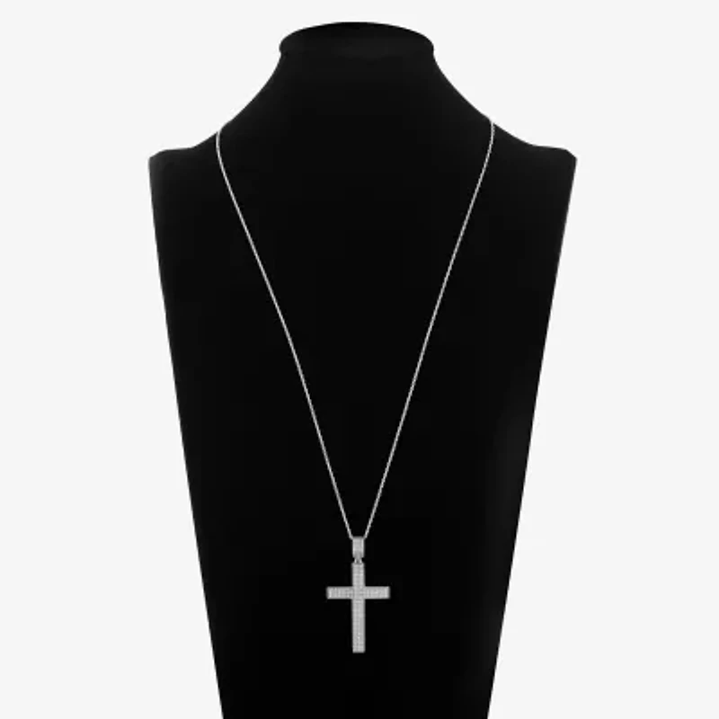 Mens White Cubic Zirconia Sterling Silver Cross 24 Inch Pendant Necklace