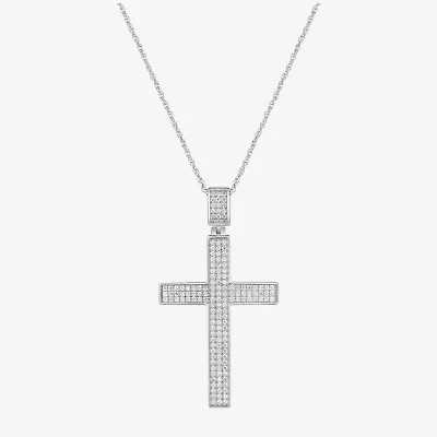Mens White Cubic Zirconia Sterling Silver Cross 24 Inch Pendant Necklace