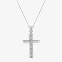 Mens White Cubic Zirconia Sterling Silver Cross 24 Inch Pendant Necklace