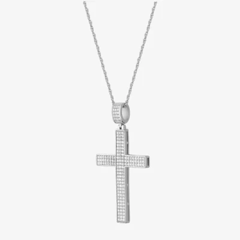 Mens White Cubic Zirconia Sterling Silver Cross 24 Inch Pendant Necklace