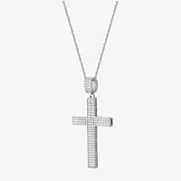 Mens White Cubic Zirconia Sterling Silver Cross 24 Inch Pendant Necklace