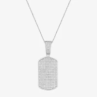 Mens White Cubic Zirconia Sterling Silver Dog Tag 24 Inch Pendant Necklace