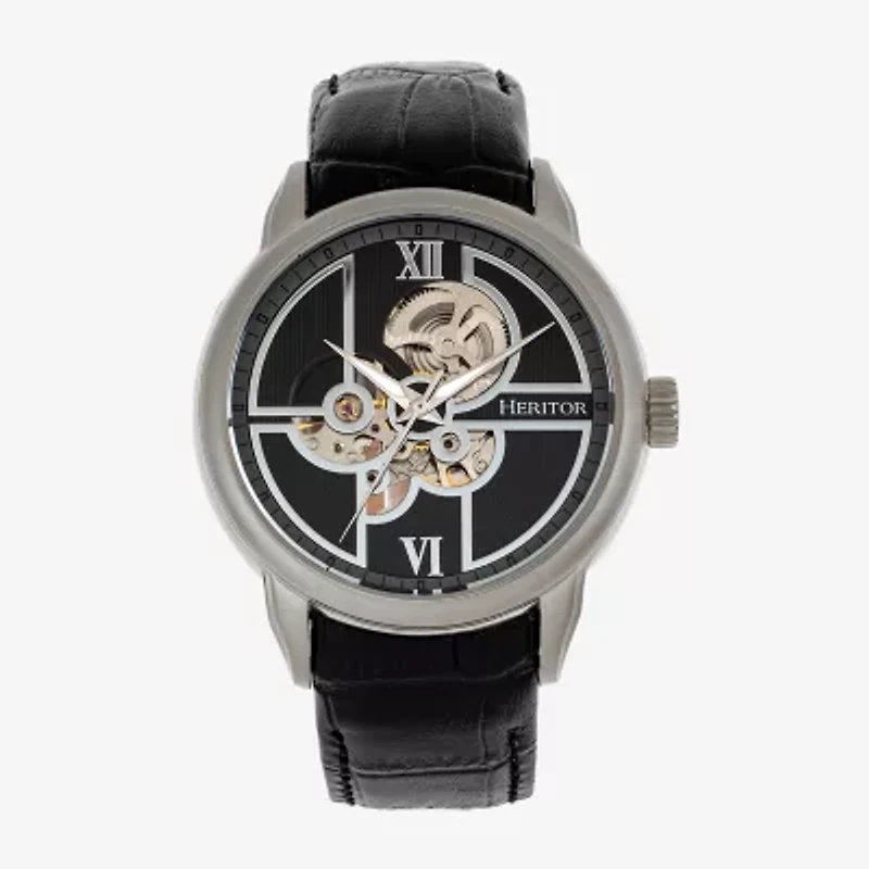 Heritor Mens Automatic Silver Tone Leather Strap Watch Herhr8302
