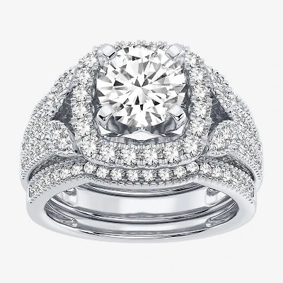 (H-I / Si1-Si2) Womens 3 CT. T.W. Lab Grown White Diamond 14K Gold Cushion Halo Bridal Set
