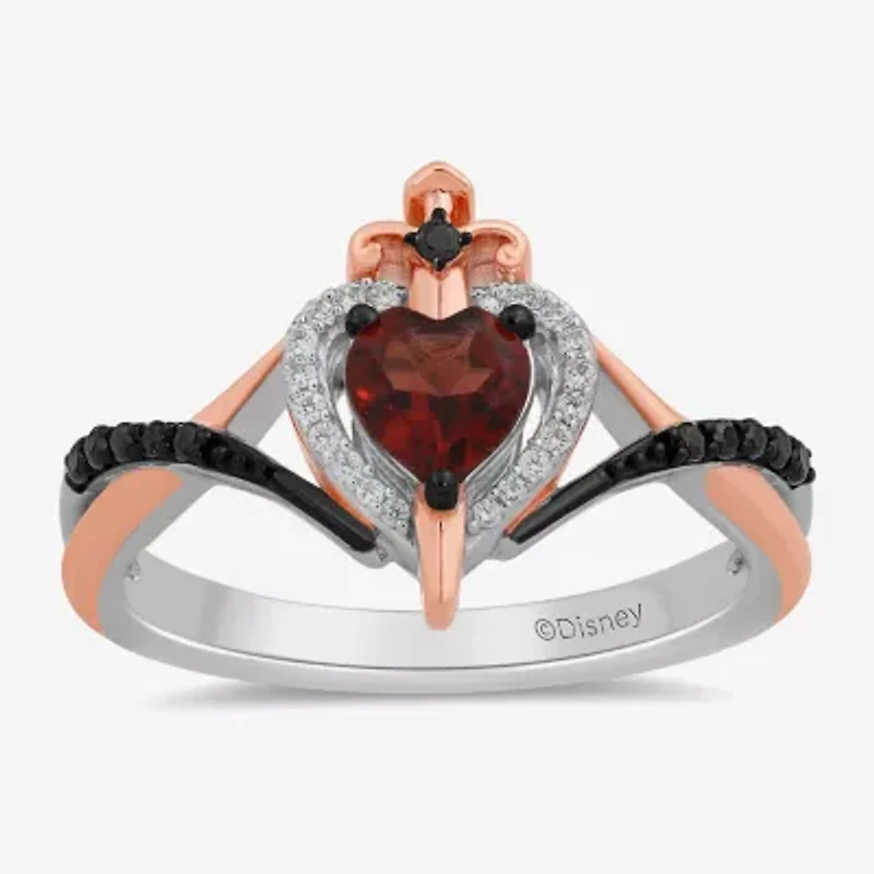 Enchanted Disney Fine Jewelry Villains Womens 1/6 CT. T.W. Genuine Red Garnet 14K Rose Gold Over Silver Sterling Heart Evil Queen Side Stone Cocktail Ring