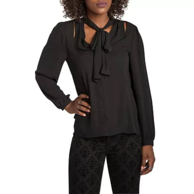 Poetic Justice Womens Split Tie Neck Long Sleeve Blouse