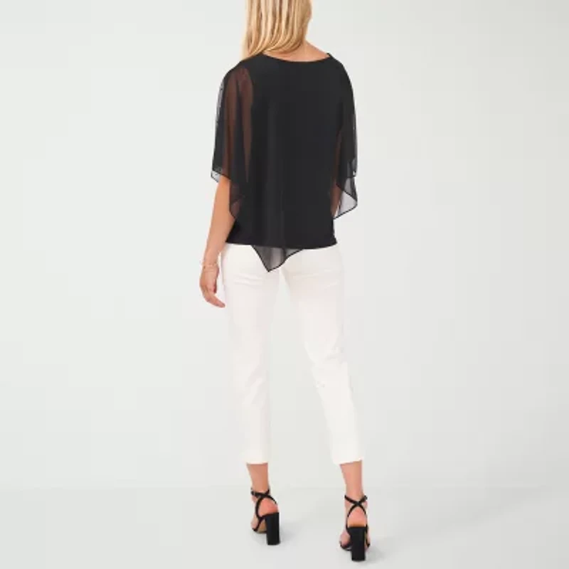 MSK Cape Womens Round Neck Short Sleeve Embellished Blouse