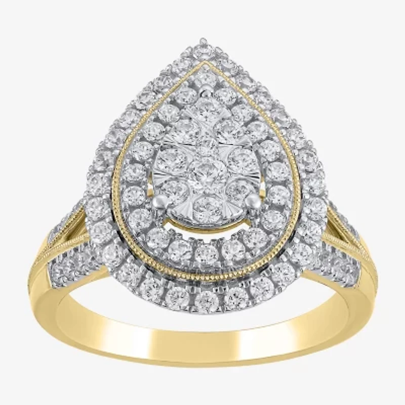 (H-I / I1) Womens 1 CT. T.W. Lab Grown White Diamond 10K Gold Pear Halo Cocktail Ring