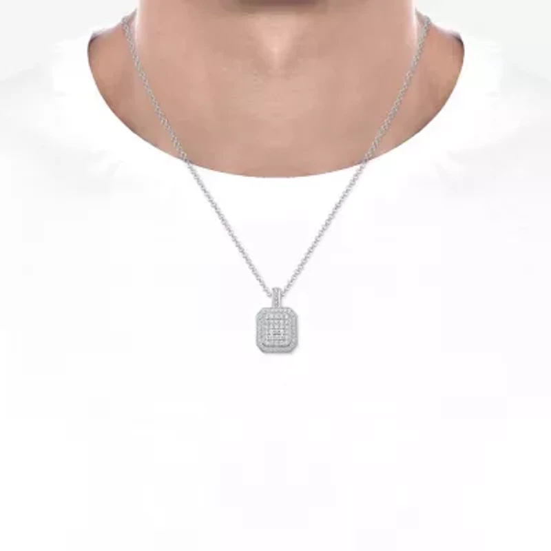 Mens 2 CT. T.W. Natural White Diamond 14K White Gold Cushion 22 Inch Pendant Necklace