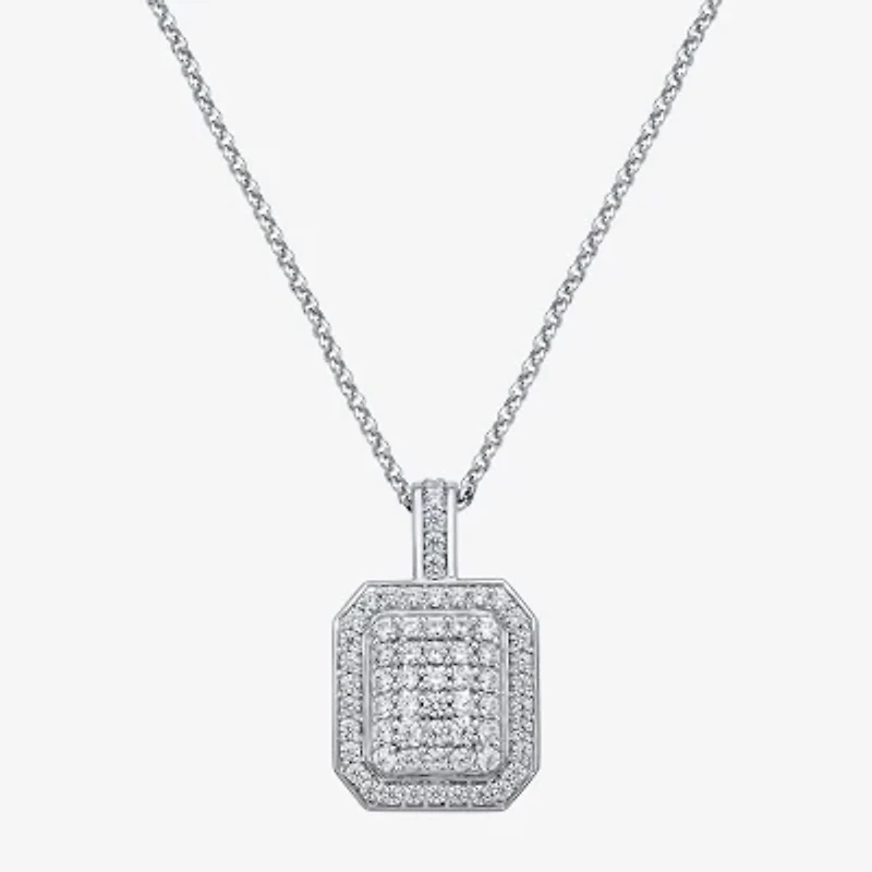 Mens 2 CT. T.W. Natural White Diamond 14K White Gold Cushion 22 Inch Pendant Necklace