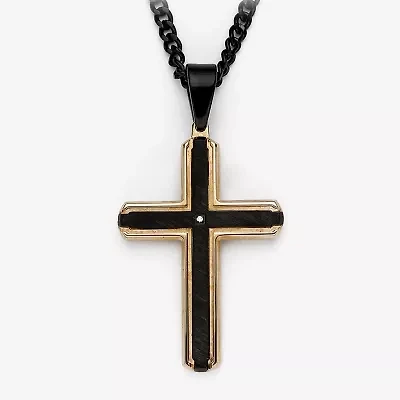Mens Diamond Accent Natural Diamond Stainless Steel Cross 24 Inch Pendant Necklace