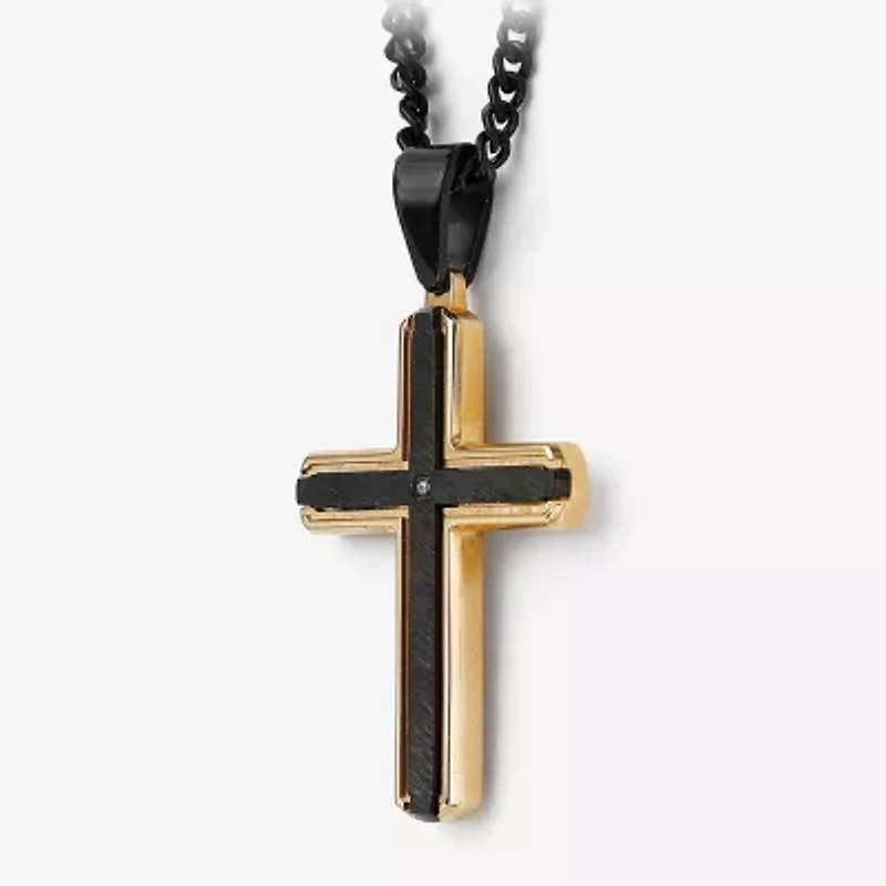 Mens Diamond Accent Natural Diamond Stainless Steel Cross 24 Inch Pendant Necklace