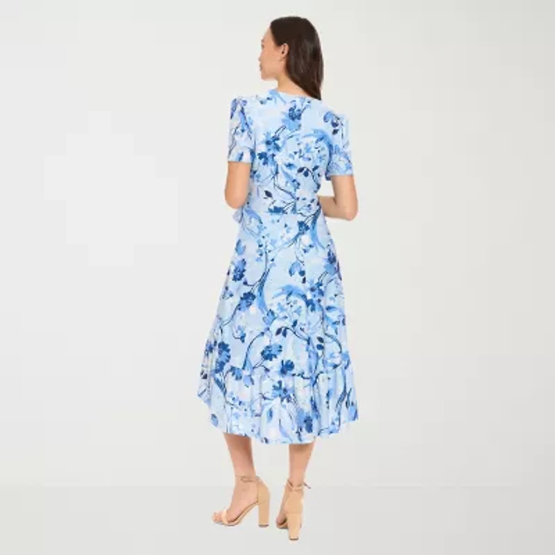 London Style Womens Short Sleeve Floral Fit + Flare Dress