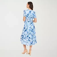 London Style Womens Short Sleeve Floral Fit + Flare Dress