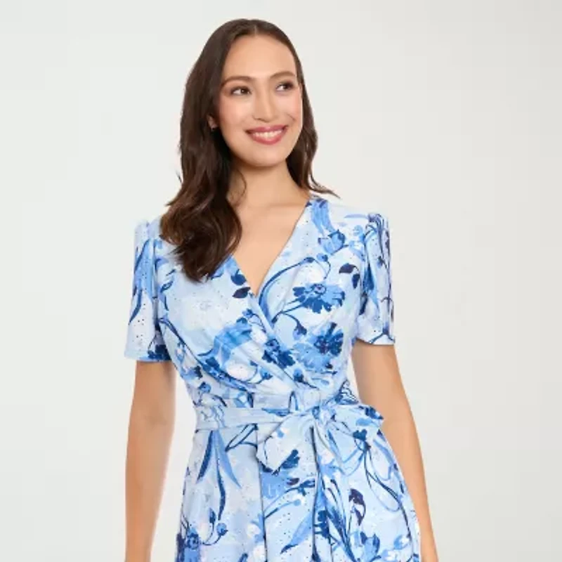 London Style Womens Short Sleeve Floral Fit + Flare Dress