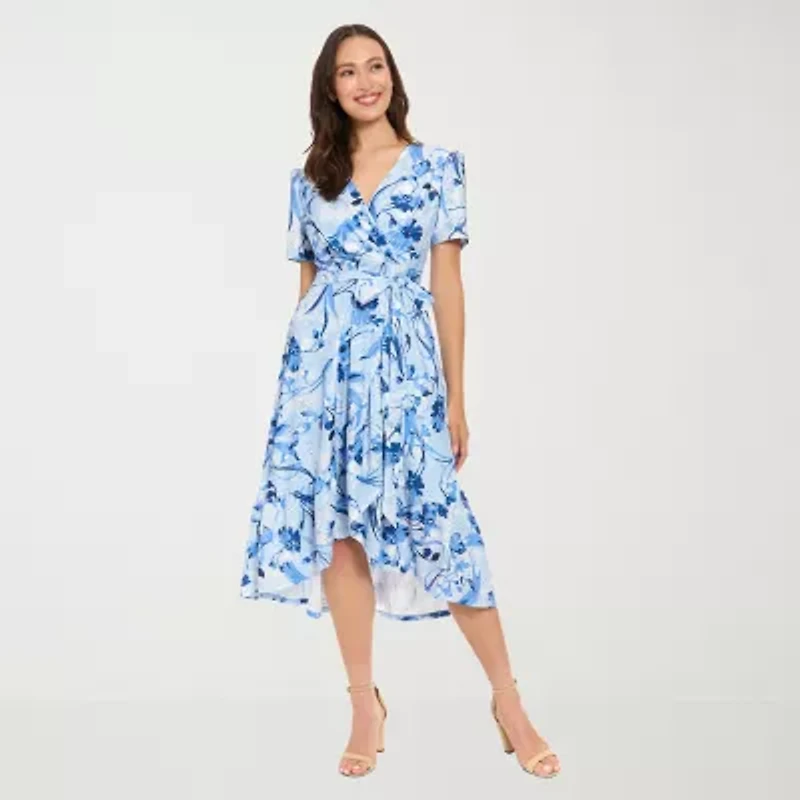 London Style Womens Short Sleeve Floral Fit + Flare Dress