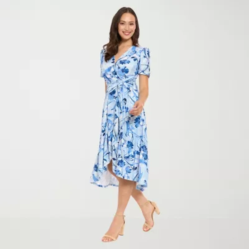 London Style Womens Short Sleeve Floral Fit + Flare Dress