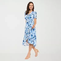 London Style Womens Short Sleeve Floral Fit + Flare Dress