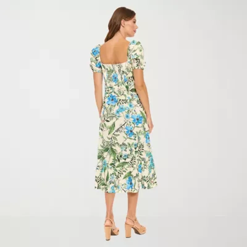 Clover And Sloane Womens Short Sleeve Floral Midi Fit + Flare Dress