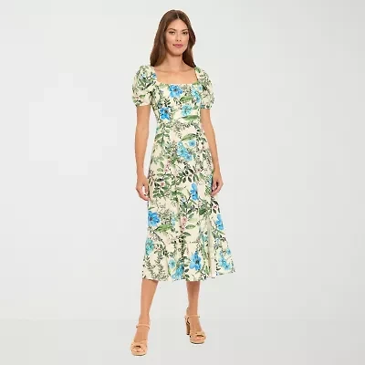Clover And Sloane Womens Short Sleeve Floral Midi Fit + Flare Dress