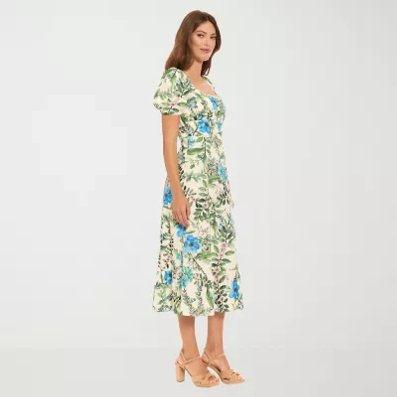 Clover And Sloane Womens Short Sleeve Floral Midi Fit + Flare Dress