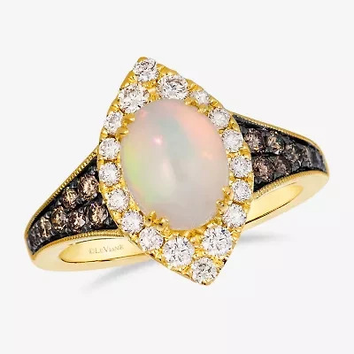 Levian Corp Le Vian Womens 3/4 CT. T.W. Genuine White Opal 14K Gold Oval Halo Side Stone Cocktail Ring
