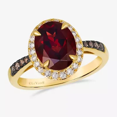 Levian Corp Le Vian Womens 1/4 CT. T.W. Genuine Red Garnet 14K Gold Oval Halo Side Stone Cocktail Ring
