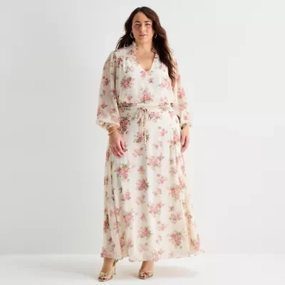Premier Amour Womens Plus Long Sleeve Floral Maxi Dress