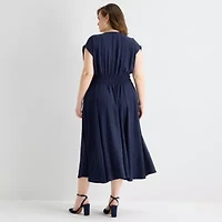 Melonie T Womens Plus Short Sleeve Midi Fit + Flare Dress