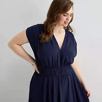 Melonie T Womens Plus Short Sleeve Midi Fit + Flare Dress