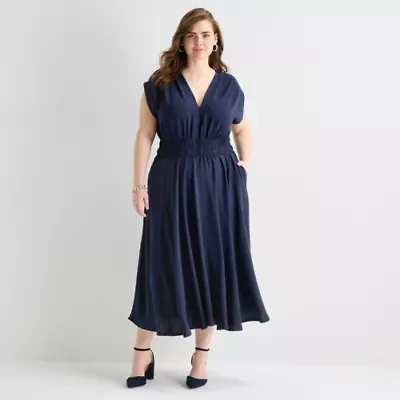 Melonie T Womens Plus Short Sleeve Midi Fit + Flare Dress