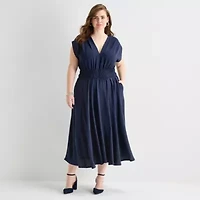 Melonie T Womens Plus Short Sleeve Midi Fit + Flare Dress