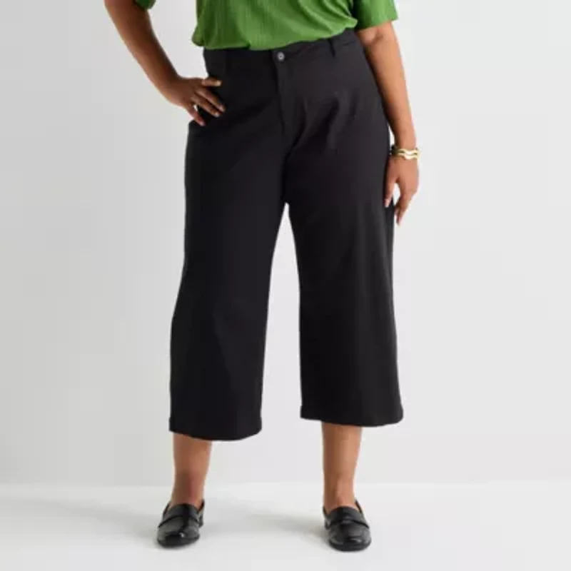 Liz Claiborne Womens Plus Wide Leg Mid Rise Cropped Pant