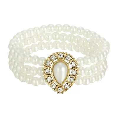 1928 Gold Tone Simulated Pearl Stretch Bracelet