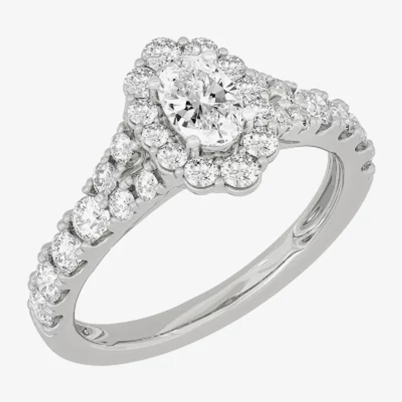 H-I / Si1-Si2) Womens / CT. T.W. Lab Grown White Diamond 10K Gold Oval Side Stone Halo Bridal Set