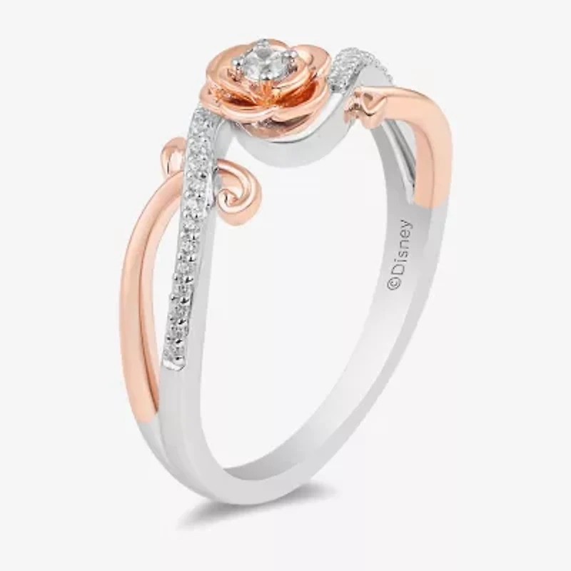 Enchanted Disney Fine Jewelry Womens 1/10 CT. T.W. Natural White Diamond 14K Rose Gold Over Silver Sterling Flower Beauty and the Beast Belle Princess Crossover Side Stone Cocktail Ring