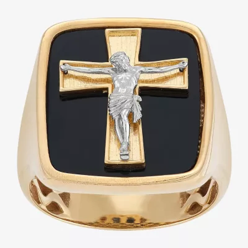 Crucifix Mens Genuine Black Onyx 10K Gold Cross Signet Ring