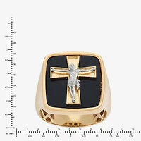 Crucifix Mens Genuine Black Onyx 10K Gold Cross Signet Ring