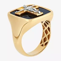 Crucifix Mens Genuine Black Onyx 10K Gold Cross Signet Ring