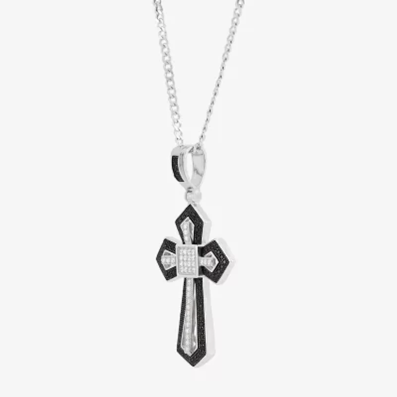 Made in Italy Mens Black Spinel Sterling Silver Cross 22 Inch Pendant Necklace